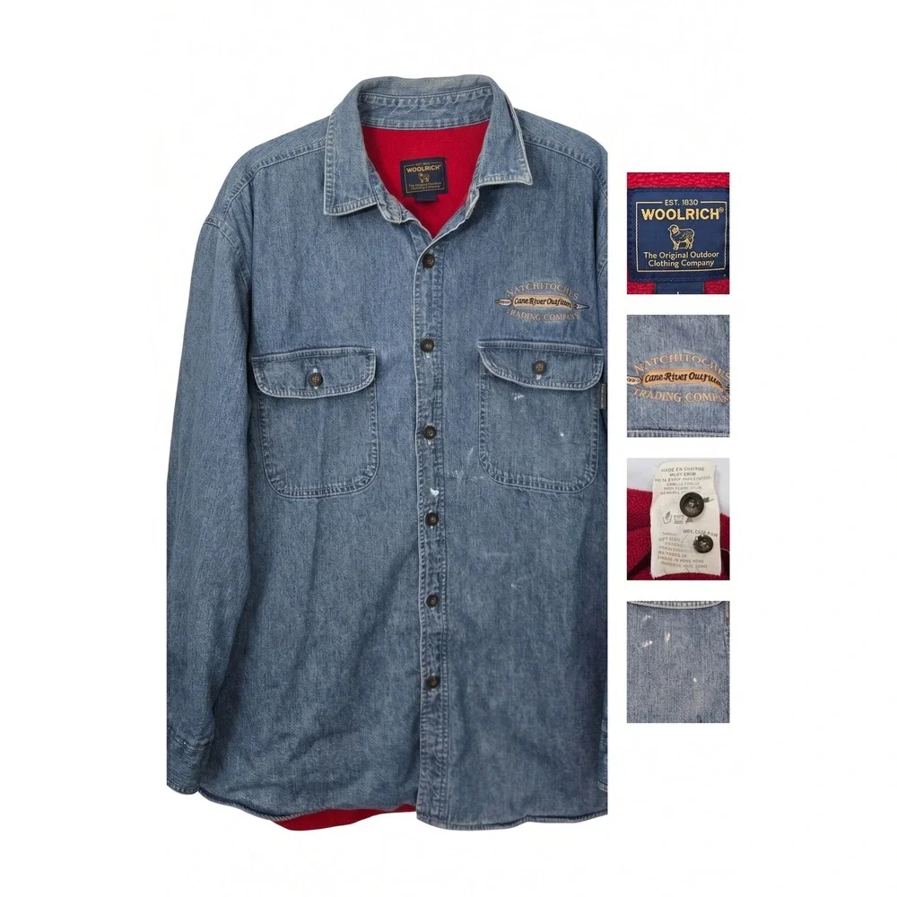 Vintage 90s Woolrich Fleece Lined Denim Shirt Large Made in Hong Kong Shacket